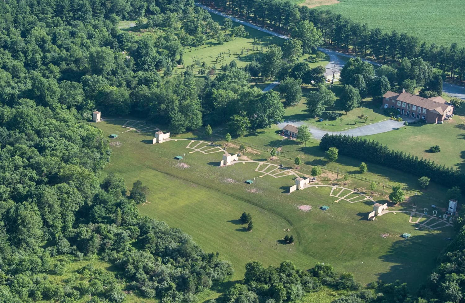 An aerial view of the clubhouse and the skeet and trap fields